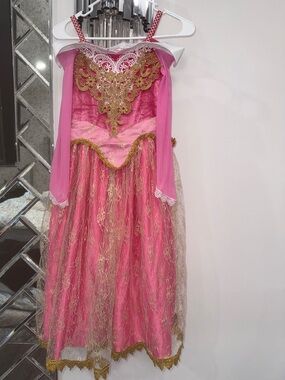 Kids Pink Princess aurora Costume Dress with Gold Trim and gold shimmery lace